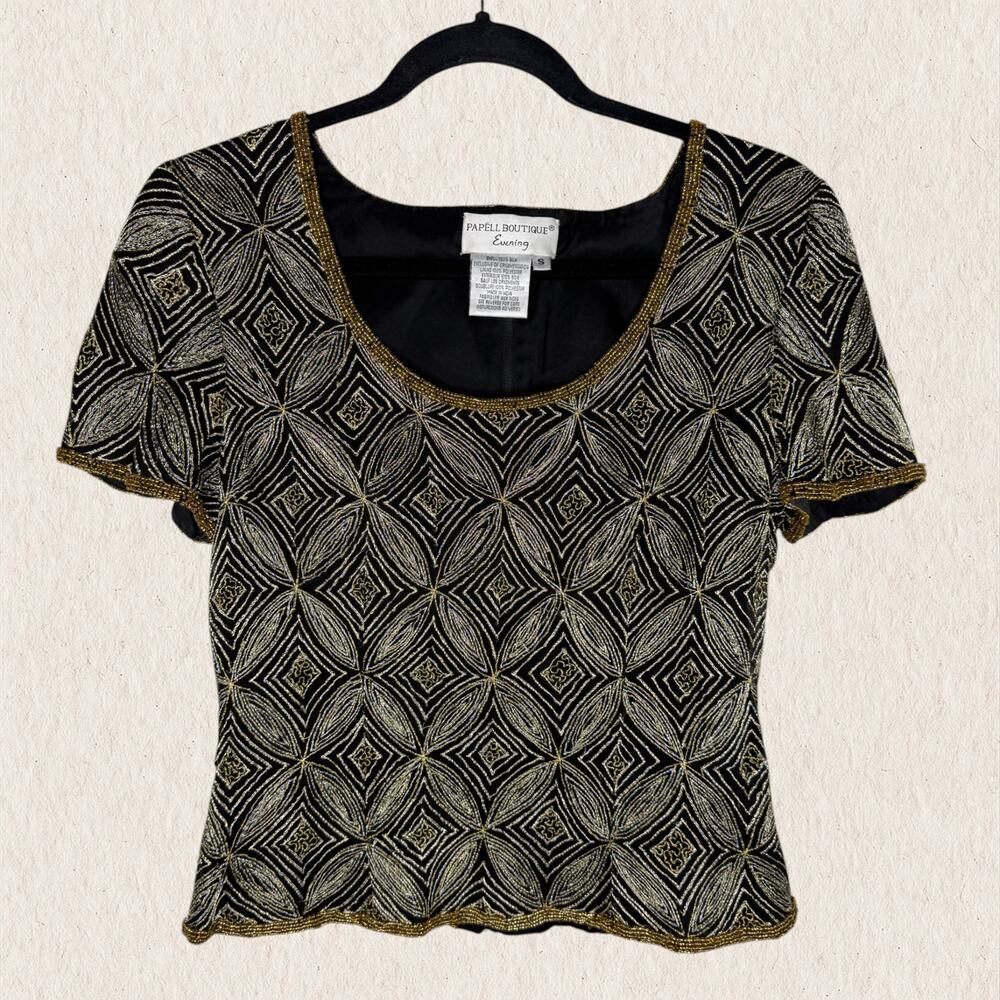 Vintage Papell Boutique Evening Beaded Silk Top Small Black Gold Art Deco Gatsby